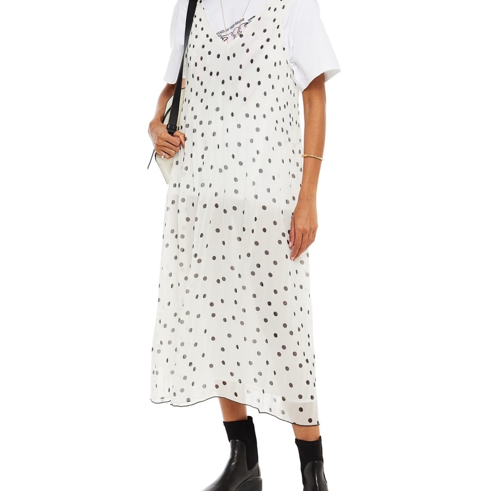Ganni Polka-dot plisse-georgette midi dress, Sz 36, MSRP $180